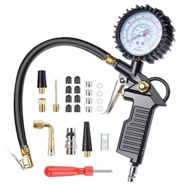 Riisoyu Tyre Inflator, Tyre Inflator Gauge 220 PSI Multifunctional Air Pressure Gauge with Valve Core Tool Tyre Pressure Gauge with Multiple Spare Parts Digital Tyre Pressure Gauge for Motorcycles