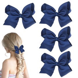 4 Pcs Navy Blue Hair Bows, Bow Hair Clips, Long Ponytail Barrette, Princess Hair Clip for Children Girls Adults
