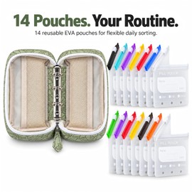 A8 Pill Pouches for Travel, 14 Reusable Pouches, Green Travel Case