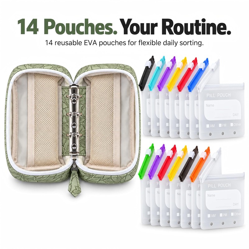 A8 Pill Pouches for Travel, 14 Reusable Pouches, Green Travel