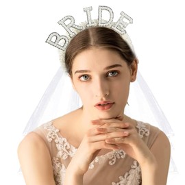 Poememgi BRIDE Letters Beading Headband with Veil, Bridal Bachelorette Party Headwear for Wedding Engagement Women Girls