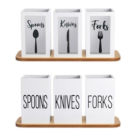 Gejoy Clear Acrylic Silverware Cutlery Caddy Utensil Holder with Wood Tray Spoon Fork Knives Flatware Dispenser for Kitchen Table Countertop Silverware Storage Organizer(White)