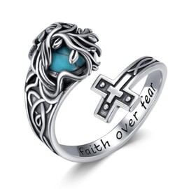 QHQPQ Turquoise Cross Ring Sterling Silver Faith Over Fear Spoon Ring Vintage Jewellery Birthday Gifts for Women Men