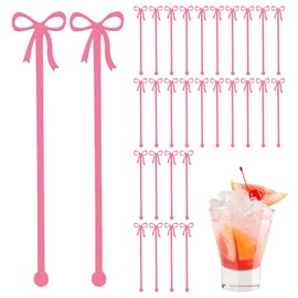 Cocktail Stirrers with Bow, Pack of 30 Pink Acrylic Drink Stirrers, Cocktail Stirrers for Birthday, Wedding, Holiday and Party Decoration