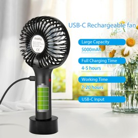Miady Handventilator, 5000mAh Mini Ventilator(7-20 Stunden Laufzeit) USB C Wiederaufladbare Akku Taschenventilator Lüfter mit 3 Geschwindigkeiten für Reisen Draußen und Innen