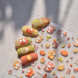 Maple Leaf Nail Stickers Fall Fox Nail Art Decals 5D Embossed Self Adhesive Autumn Leaf Pumpkin Mushroom Nuts Nails Decals for Nail Art Thanksgiving Day Nail Design for Women DIY Manicure Accessories