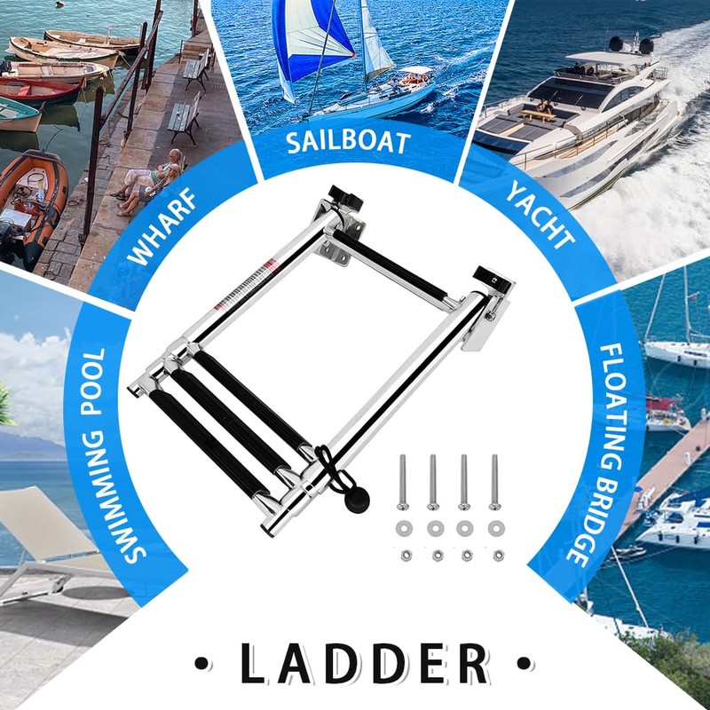 Mojiate Made Stainless Steel Boat Ladder 4-Step, Telescoping Transom Stepladder,