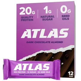 Atlas Bar – 20g Protein, 1g Sugar, 0g Seed Oils, 0g Artificial Sweeteners (Dark Chocolate Almond) (12 Count, Dark Chocolate Almond)