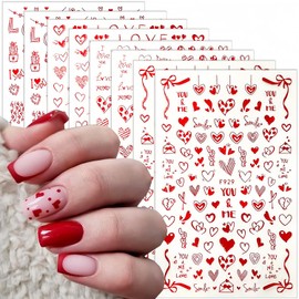 8 Sheets Heart Nail Art Stickers Love Hearts Nail Decals 3D Self-Adhesive Red Love Heart Designs Stickers Charms Supplies Valentine's Day Acrylic Nails DIY Manicure Decoration Kit for Women and Girls