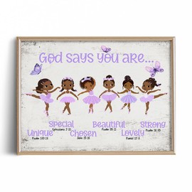 God Says You Are Christian Bible Verses - Rustic Purple Ballerina Baby Girl Room Decor - Black Afro African American Girl Wall Art - Religious Room Decor for Toddler Nursery Bedroom Decor - 8x10 Print