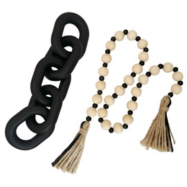 EMINGSKY 2 Pieces Decorative 5 Link Wooden Chain Decor and Bead Boho Farmhouse Rustic Home Table Decor Coffee Table Shelf Aesthetic Modern Bookshelf Table Wooden Decortion (Black)