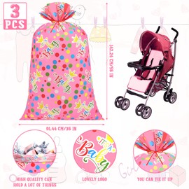 Zonon 3 Pcs 56'' Extra Large Christmas Baby Shower Birthday Gift Valentine Bag Oversized Holiday Plastic Gift Bags Jumbo Storage Gift Wrapping Bags for Party Favors Gift Wrap (Pink)