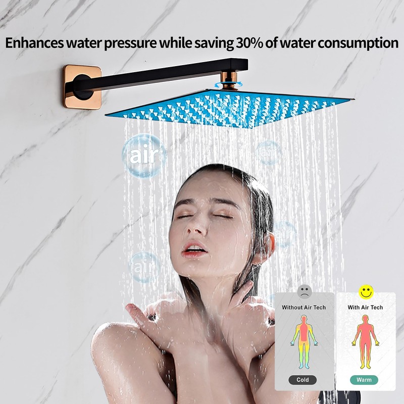Black Gold Rainfall Shower Head, Wall Mounted 10 Inch Shower