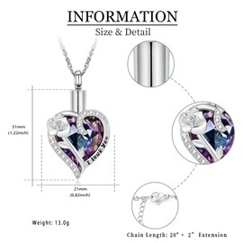 shajwo Rose Flower Heart Cremation Urn Necklace for Ashes Jewelry for Women Men Memorial Human Ashes Crystals Pendant,Silver-Purple