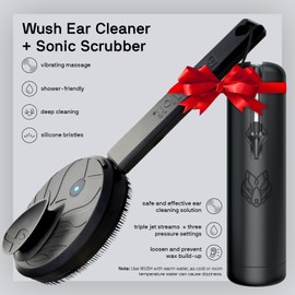 Sonic Scrubber Pro Kit and Wush Pro for Men by Black Wolf - Deluxe Water Powered Ear Cleaner - Electric Triple Jet Stream for Ear Wax Buildup - Water-Resistant Massage Brush with Silicone Bristles | Black Wolf