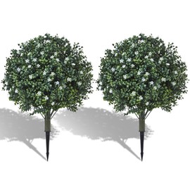 KMTOSA Artificial Boxwood Topiary Shrub with White Flowers,Set of 2 Artificial Boxwood Ball Bush with Metal Spike, UV Resistant Realistic Faux Shrubs for Garden, Yard, Patio, Porch Outdoor Decor
