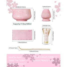 ZENS Matcha Set Pink, Japanese Matcha Tea Ceremony Kit, 5pcs Matcha Tea Set with Bamboo Whisk and Ceramic Bowl & (Chasen Holder) Scoop, Soft Towel, Gift for Matcha Latte Lover
