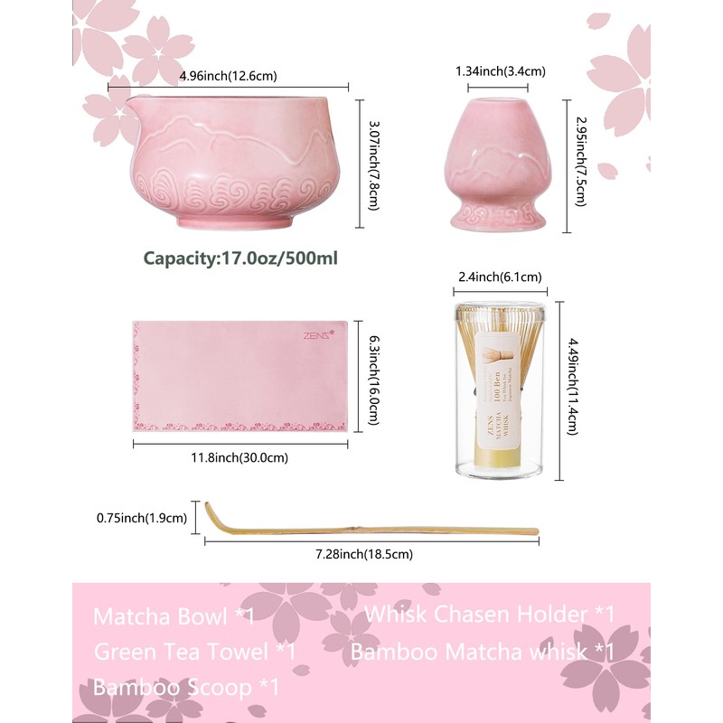 ZENS Matcha Set Pink, Japanese Matcha Tea Ceremony Kit, 5pcs