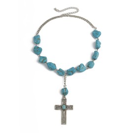 Turquoise Cross Choker Pendant Necklace for Women Silver Plated Irregular Blue Birthstone Huggie Adjustable Y Necklaces Christian St Benito Cross Clavicle Beades Chain Necklace Jewelry