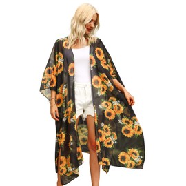 Hibluco Women's Long Floral Kimono Printed Cardigan Sheer Swimsuit Cover Ups