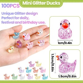 JOISHOP 100pcs Mini Ducks, 10 Colors Glitter Resin Tiny Ducks Little Plastic Ducks Twinkle Small Ducks Bulk for Aquarium Dollhouse Fairy Garden Landscape Decor