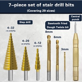 Bntyok Step Drill Bit Set 7 Piece Titanium Coated with Automatic Center Punch Short Length Double Cutting Blades High-Speed Steel Covering 29 Sizes Complete with Aluminum Case