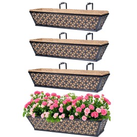 hehimhis Window Planter Box with Adjustable Bracket and Coco Liner for Porch, 24 Inch 4 Pack Balcony Planters Railing Hanging,Fence, Patio Hanging Planters for Garden Outdoor