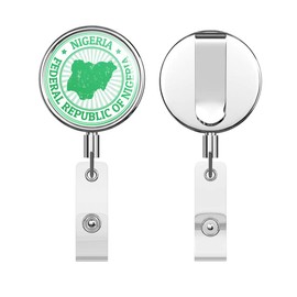 Nigeria Map Grunge Rubber Stamp Round ID Badge Key Card Tag Holder Badge Retractable Reel Badge Holder with Belt Clip