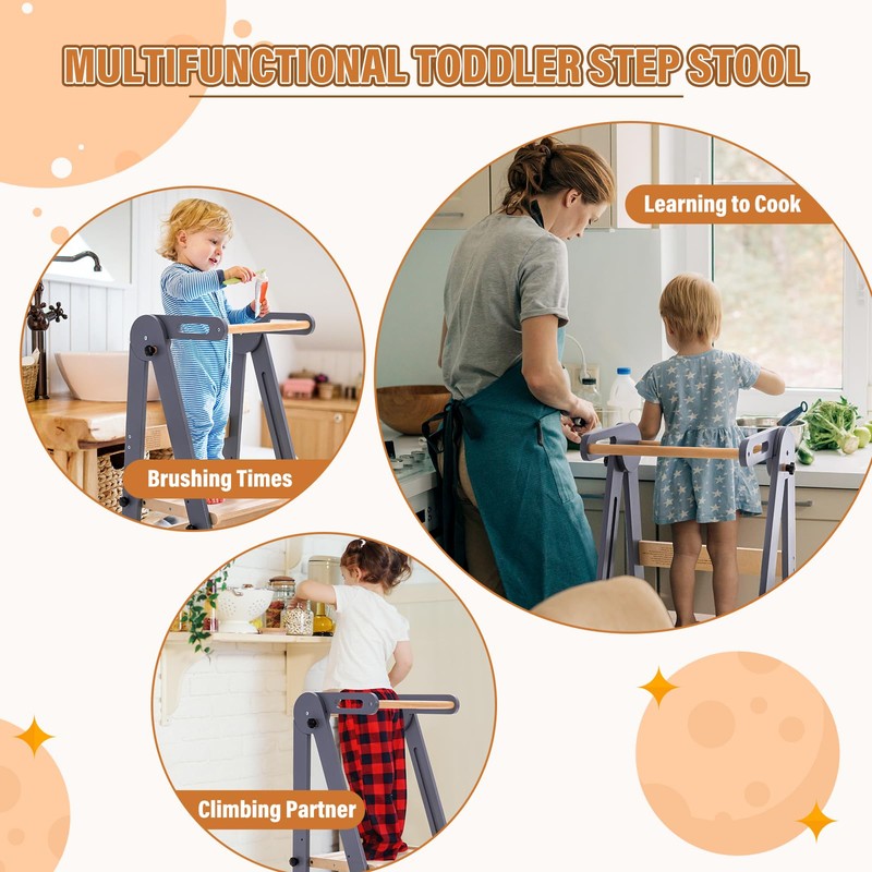 Gewitt Foldable Toddler Kitchen Stool Helper - Adjustable Height Folding
