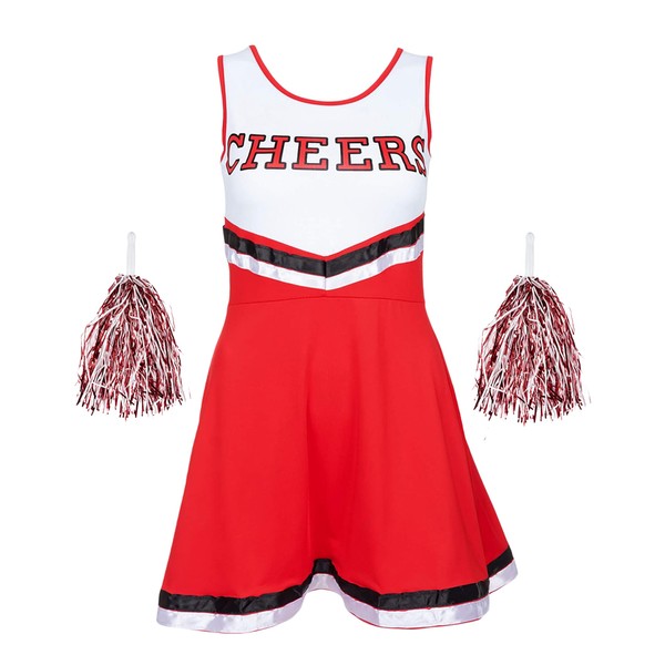 Cheerleader Outfit with Cheerleader Pom Poms - Cheerleader Costume Women Fancy Dress Costume - Ladies Cheerleader Costume High School Cheerleading Dress Halloween Fancy Dress Women