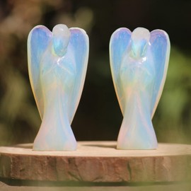 2 inches Natural Gemstone Guardian Angel Hand Curved | 15 Choices | Gemstones Crystal Prayer Angel | Home Protection | Pocket Crystal Angel (Opalite + Rose Quartz)