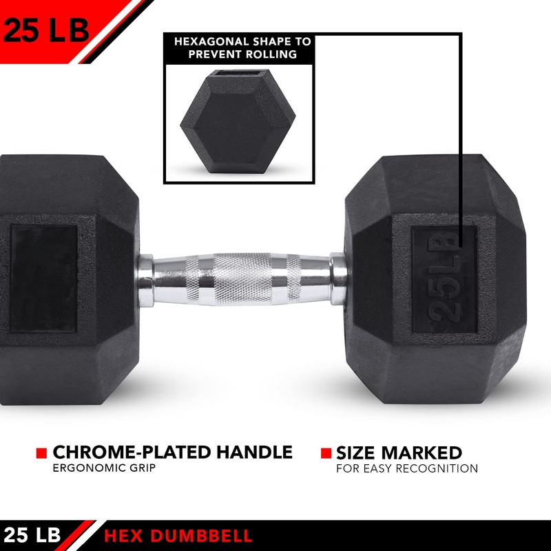 JFIT Rubber Hex Dumbbell, 25 LB, Single