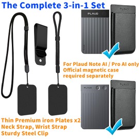 3-in-1 Kit for Plaud Note AI/Pro AI Recorder with Neck/Wrist/Clip, Attaches via Steel Plates to Magnetic Case. Secure Drop-Proof Carry. (Black, Plaud Note AI/Pro AI Recorder)