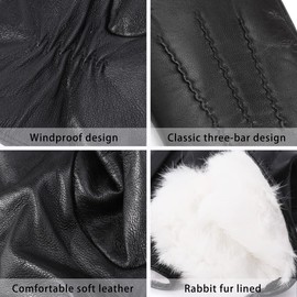 Harssidanzar Leather Gloves Men's,Warm Luxury Rabbit Fur Lined Soft Genuine Leather Gloves For Winter KM047,Black,Size L