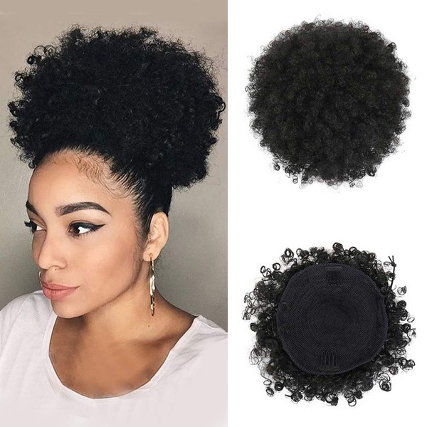 LEOSA High Puff Afro Ponytail Drawstring Short Afro Kinky Curly Pony Tail Clip in on Synthetic Curly Hair Bun Made of Kanekalon Fiber Puff Ponytail Wrap Updo Hair Extensions with Clips (Black)