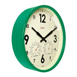 Cloudnola Indoor Outdoor Waterproof Metal Wall Clock with Thermometer and Hygrometer, Green, 12 inch Silent Non-Ticking Battery Operated Quality Quartz Round Clock for Patio and Home Decor