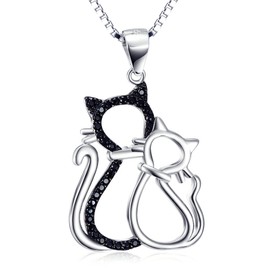 Silver Mountain 925 Sterling Silver Cubic Zirconia Double Cats Pendant Necklace Box Chain 18"