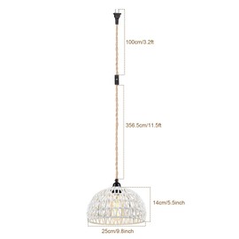 1-Light Pendant Light, Dense Paper Birch Woven Basket Chandelier with Twist Hemp Hanging Cord E26 Plug in Coastal Pendant Light Fixtures for Living Room Kitchen Island Foyer Bedroom Hallway（White）