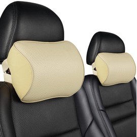 Aukee Car Neck Pillow Soft Memory Foam Leather Headrest for Driving Home Office Beige (Pack of 2)