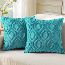 decorUhome Throw Pillow Covers 18x18 Inch Set of 2, Soft Plush Faux Wool Turquoise Solid Couch Pillow Covers, Accent Farmhouse Neutral Square Pillow Cases for Sofa Bed Living Room Home Decor