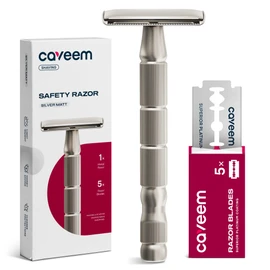 CAVEEM Double-Edge Safety Razor, Single-Blade Razors with 5 Stainless Steel Safety Razor Blades for Men and Women, Reusable Metal Razor – Silver Matt