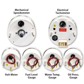 MOTOR METER RACING Classic 6 Gauge Set with Mechanical Speedometer Analog Odometer White Dial Black Needle Light Bulb Illumination 85mm 3-3/8" & 52mm 2-1/16"