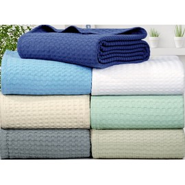 Tex Trend 100% Cotton Waffle Weave Queen Size Blanket - Lightweight, Breathable, Soft, Blue, 90x90 Inches