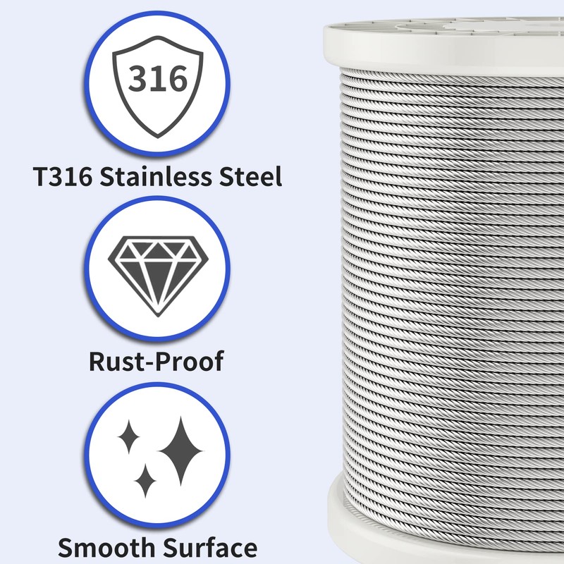 LuckIn 1/8" Stainless Steel Cable 300FT, T316 Aircraft Cable for