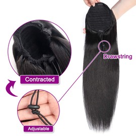 Kbeth Human Hair Ponytail Extensions Yaki Afro Kinky Straight Curly Ponytail Wrap Drawstring Human Hair Natural Black Color Hairpiece with Clip in Binding Pony Tail (18 Inch, Straight)