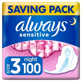 Always Sensitive Ultra Night Sanitary Towels with Wings, Size 3, 100 Towels (10 x 10 Packs), Saving Box, Odour Neutraliser, Super Absorbent Core