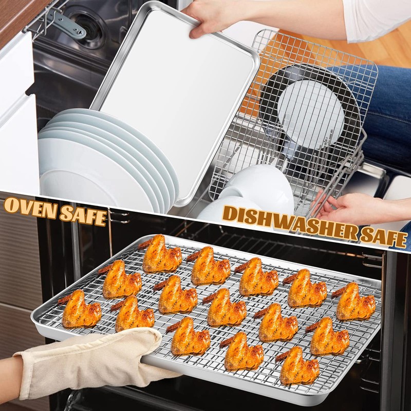 Stainless Steel Baking Sheet with Rack Set, E-far 12.4”x9.7” Cookie