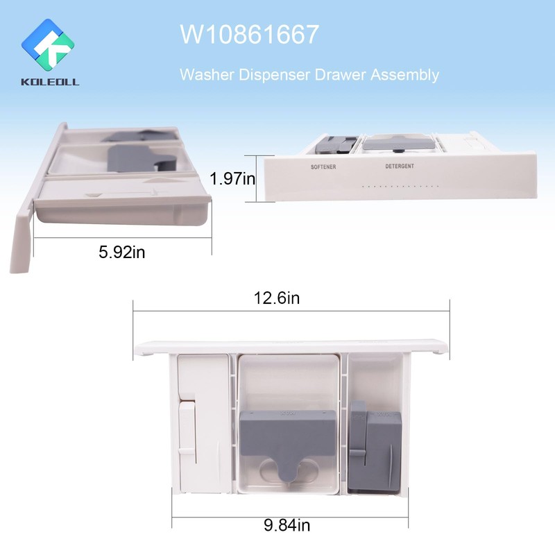W10861667 White Washer Dispenser Drawer Assembly - Replaces W10601851 W10777950