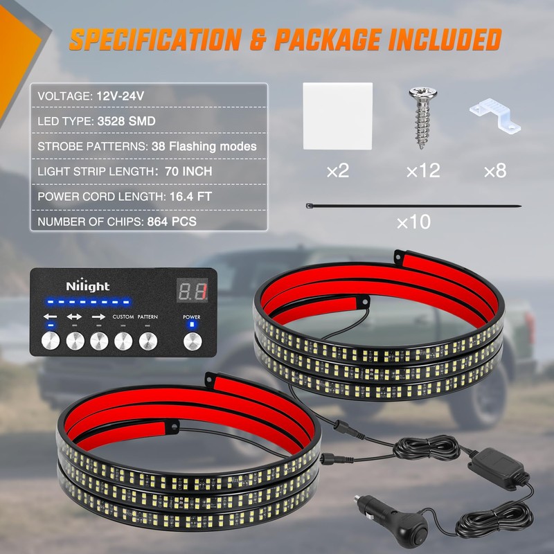 Nilight 2PCS 70 Inch Emergency Strobe Light Strip with Controller