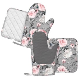 LONSANT Roses Oven Mitts Pot Holders Set Silicone Heat Resistant Gray Flower Pink Rose Oven Mitts and Hot Pads Rose Potholders Non-Slip Oven Gloves for Cooking Baking Grilling BBQ
